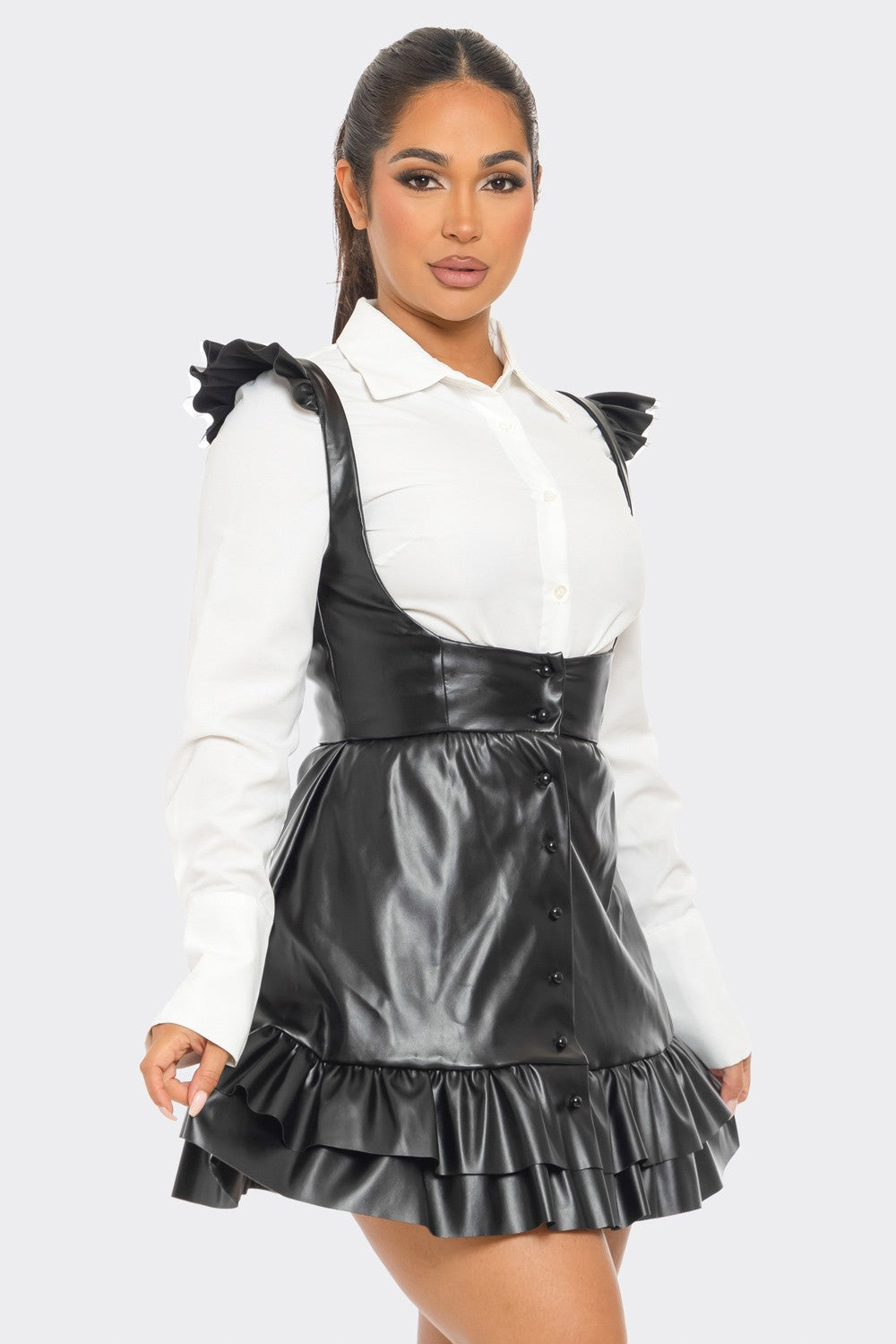 black leather two piece dress HALTERNECK TWO SIDED LEATHER DRESS Black XL